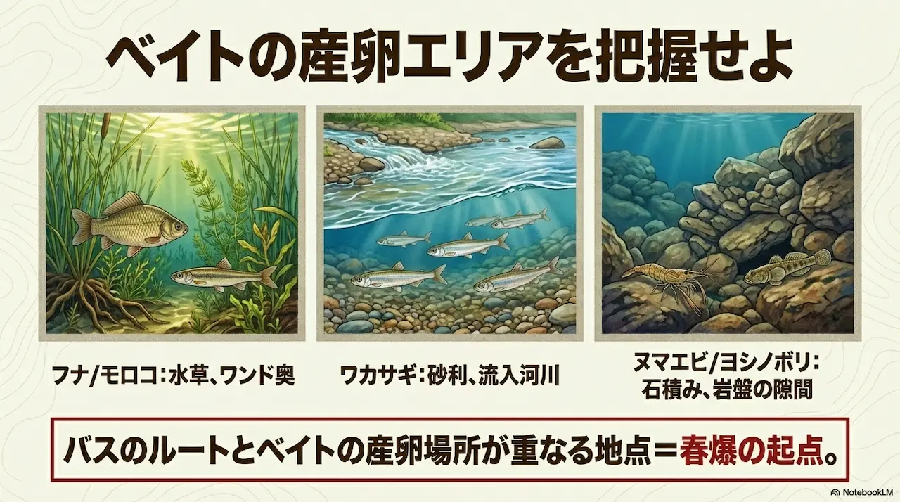 フナモロコワカサギエビ類の産卵エリアと春爆の関係