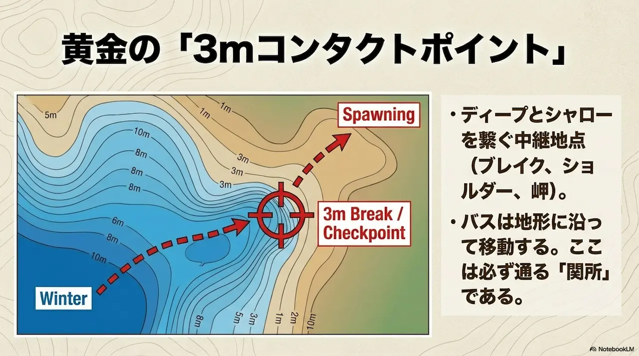 プリスポーン期に重要な3mコンタクトポイントと移動ルート図