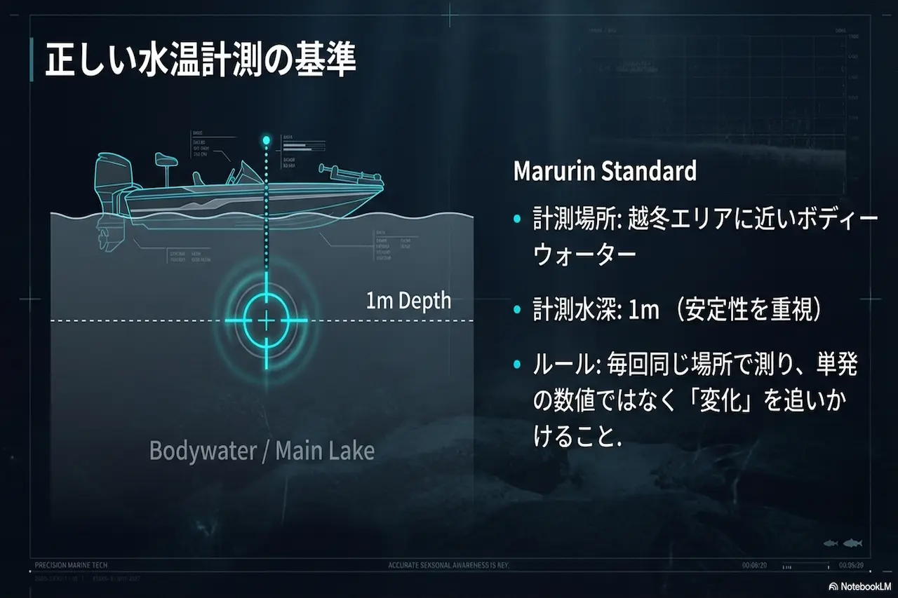 越冬エリアに近いボディーウォーターの水深1mで水温を測る基準（まるりん基準）