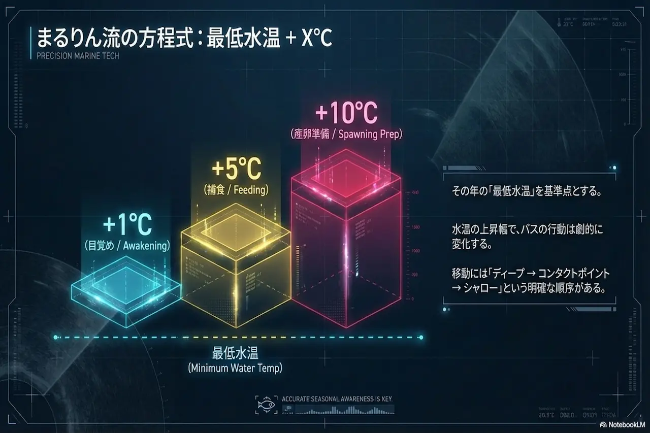 最低水温を基準に＋1℃・＋5℃・＋10℃でバスの行動が変わる理論図