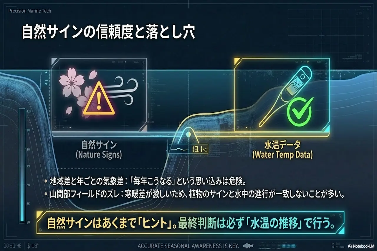 春一番や桜など自然サインより水温データを優先して判断する図