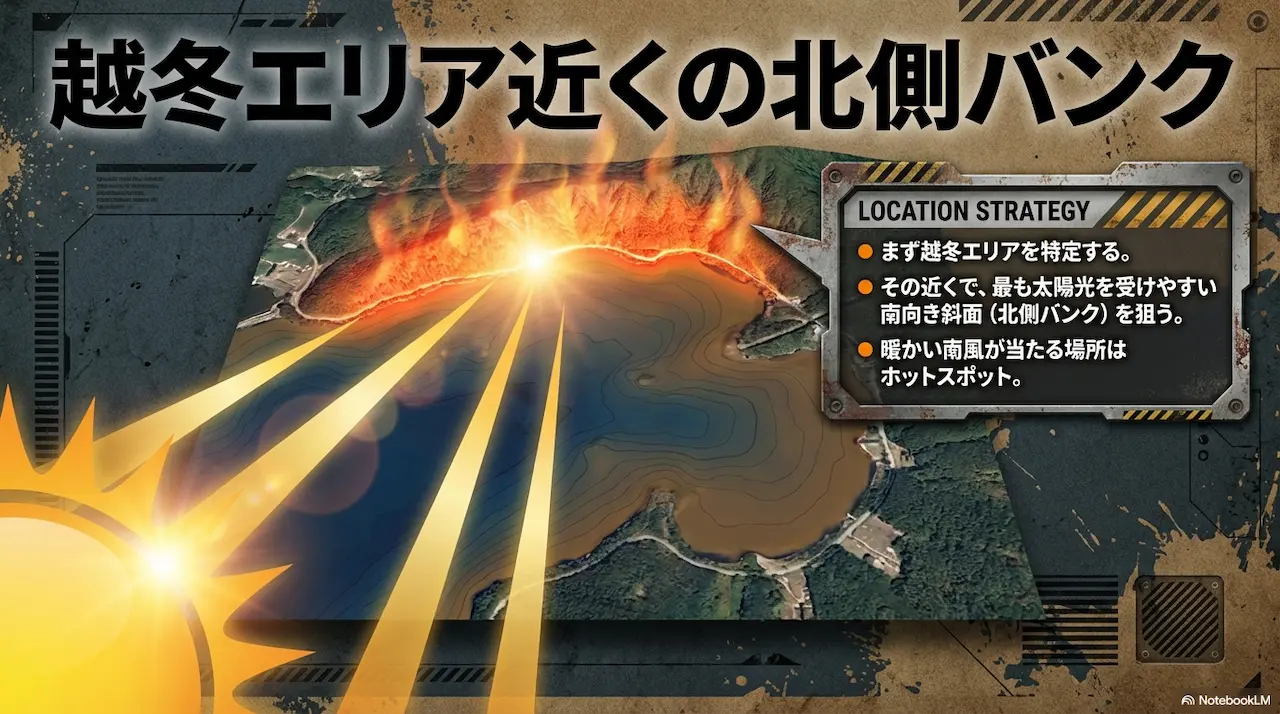 越冬エリア近くの北側バンク（南向き斜面）が狙い目