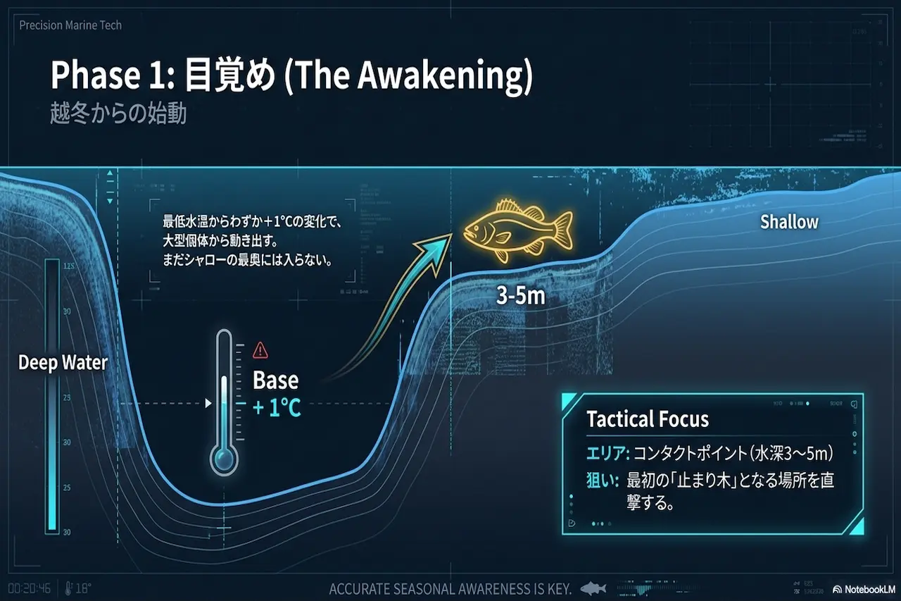 プリスポーン前期は最低水温＋1℃でディープからコンタクトポイント（3〜5m）へ移動する図