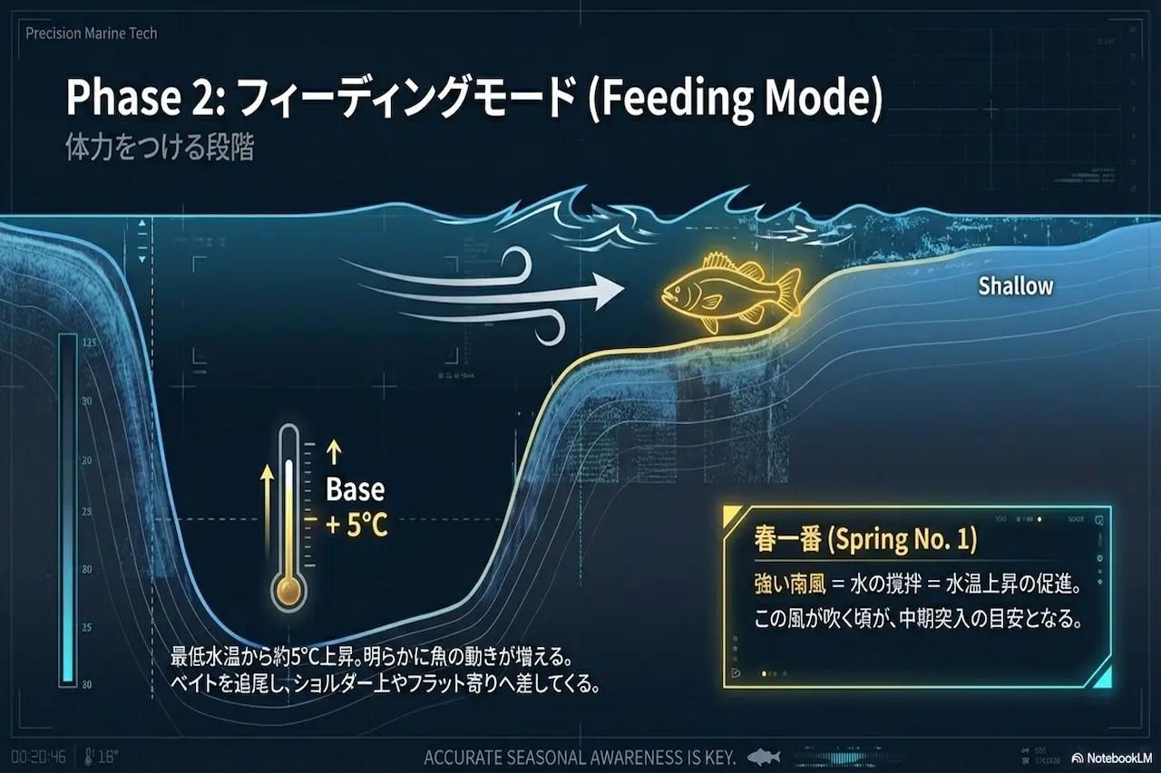 プリスポーン中期は最低水温＋5℃でバスのフィーディングが強まりシャロー側へ差してくる段階