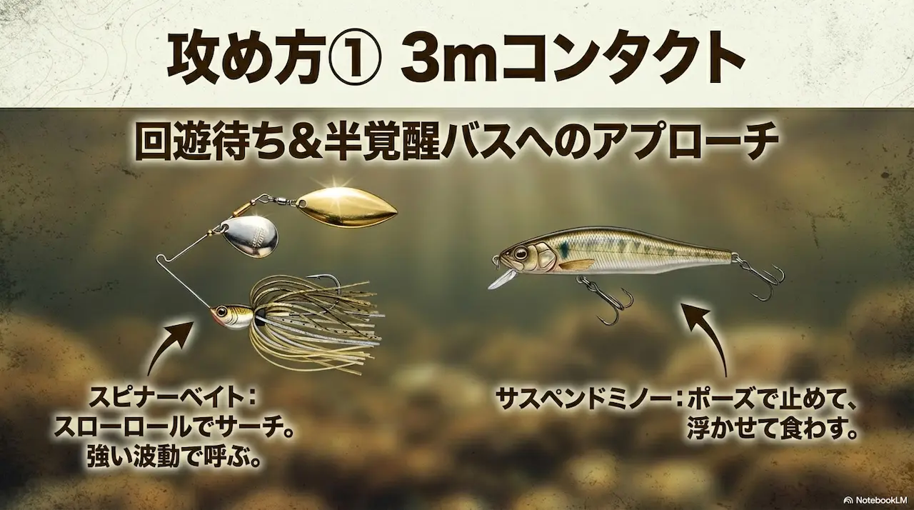 プリスポーン中期の3mコンタクト攻略に使うスピナーベイトとサスペンドミノー