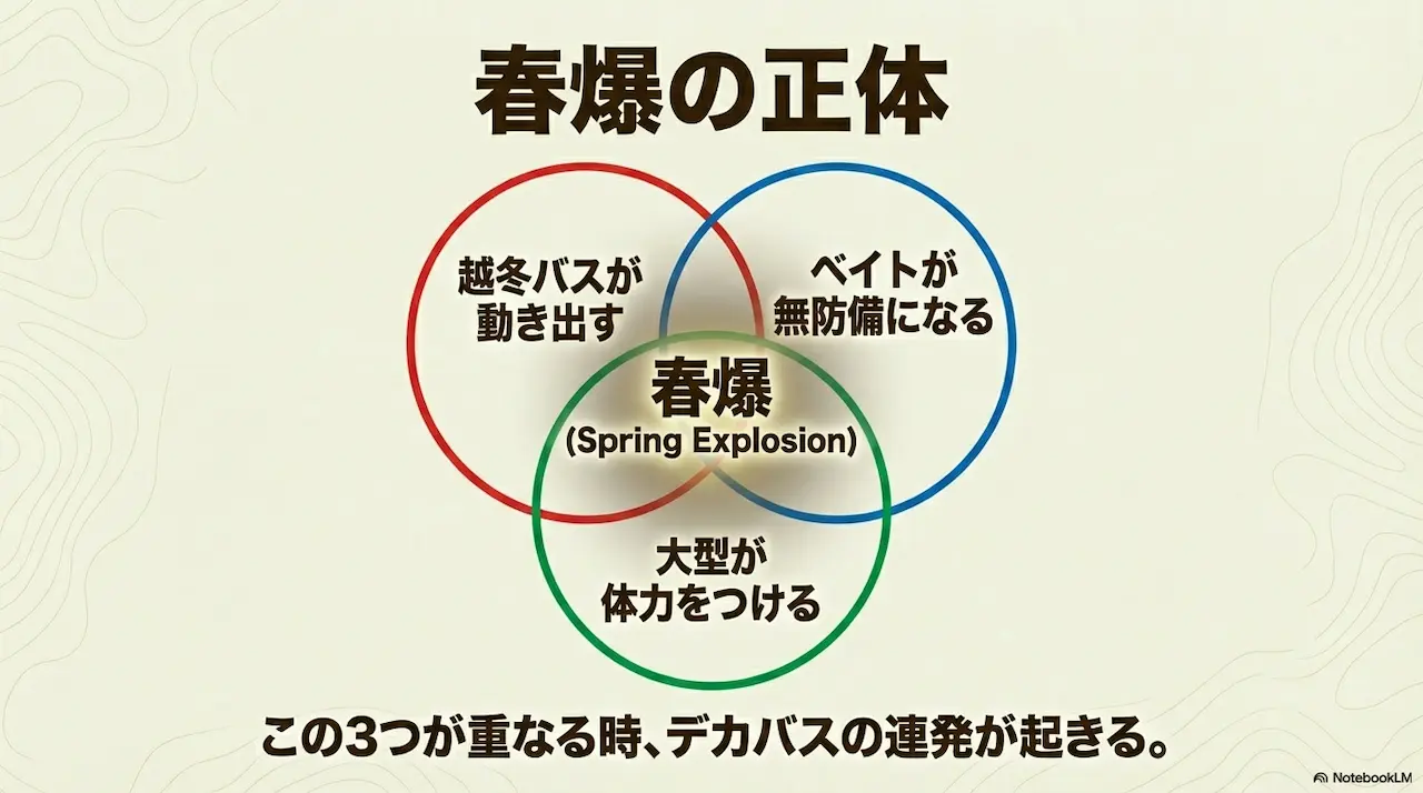 越冬バス移動ベイト産卵大型捕食が重なる春爆発生モデル