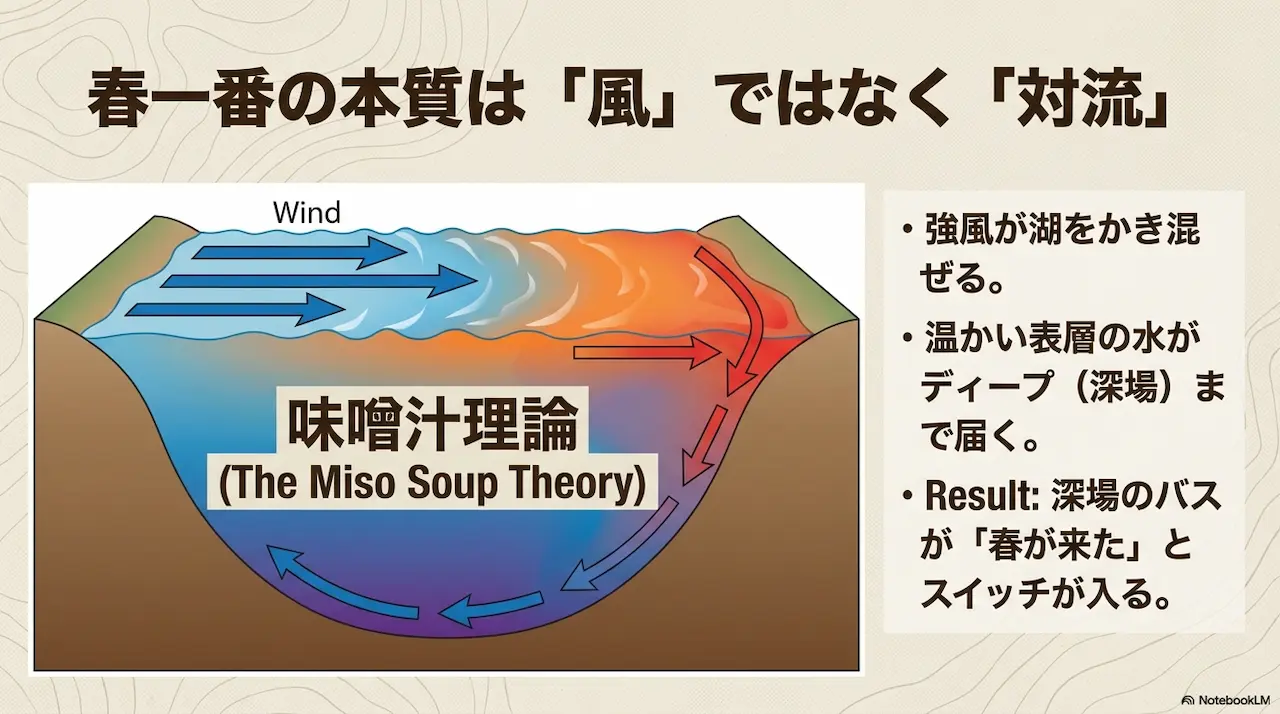 春一番による対流で暖かい水がディープへ届く味噌汁理論の図解