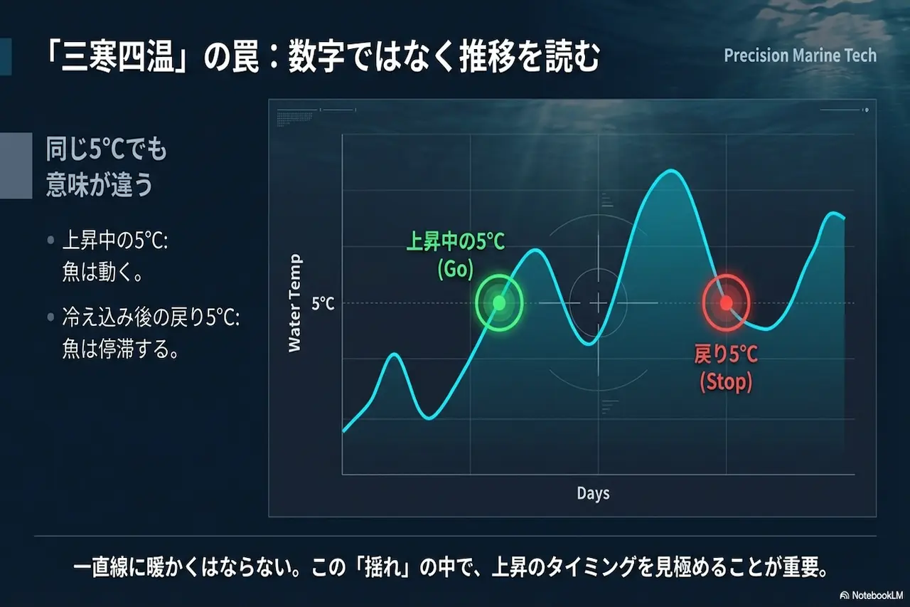 上昇中の5℃と冷え込み後に戻った5℃では意味が違うことを示す水温推移グラフ