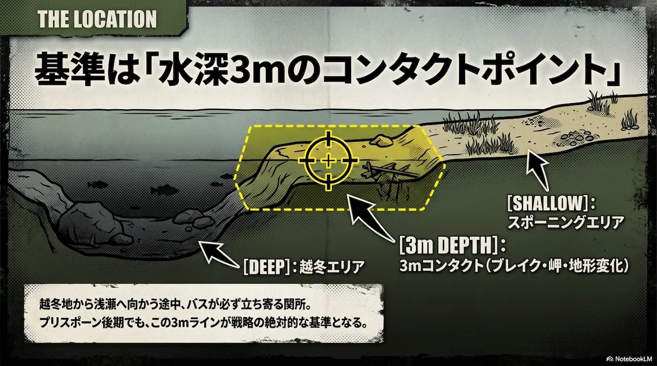 プリスポーンの基本ポジション｜水深3mコンタクトポイントの重要性