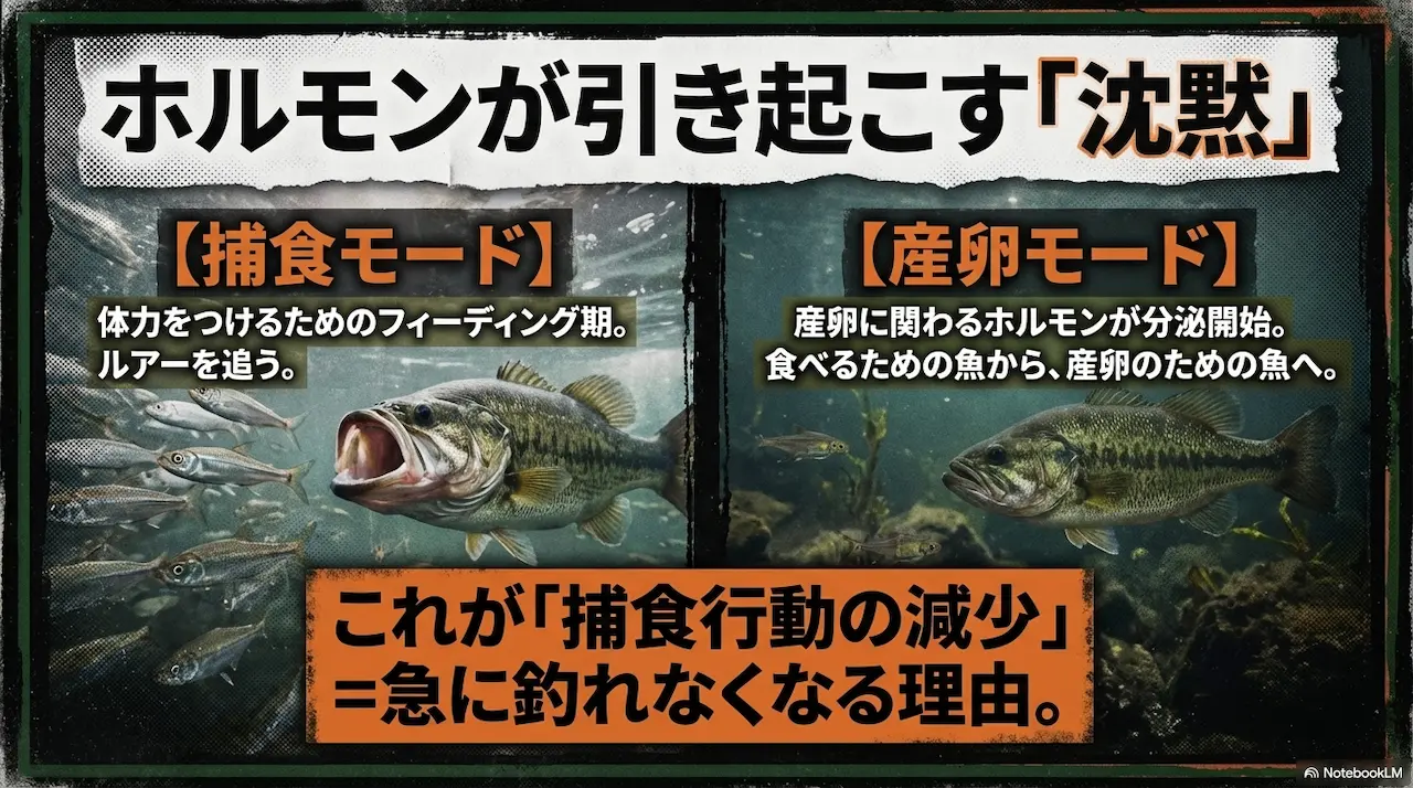 プリスポーン後期に起きるホルモン変化｜捕食行動が減少するブラックバス