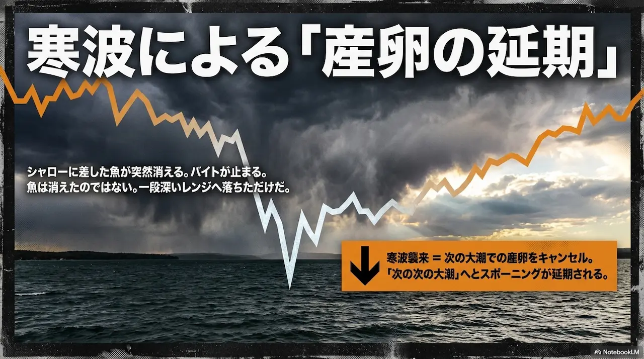 寒波によるスポーニング延期｜春の三寒四温がバスの行動に与える影響