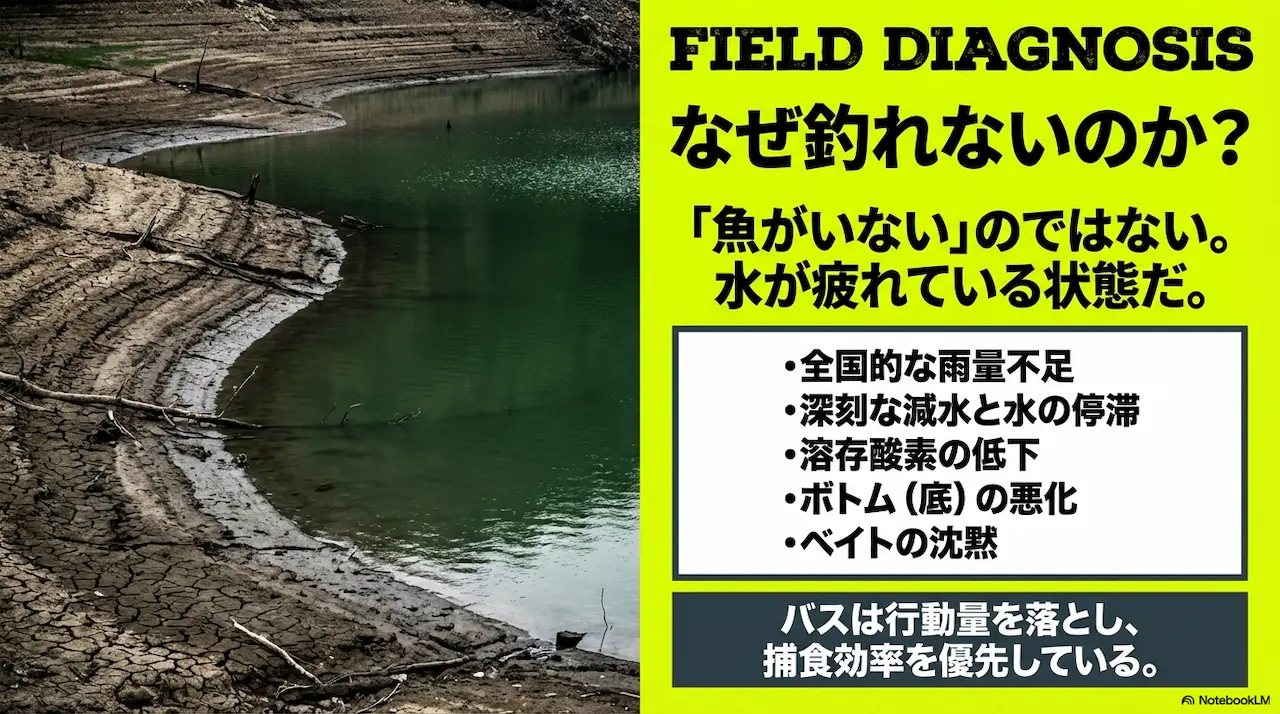 釣れないのは魚がいないからではない。雨不足の減水で水が疲れている（停滞・溶存酸素低下・ボトム悪化）という診断図