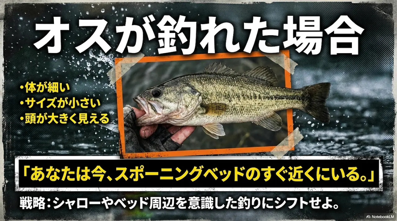 オスのブラックバスの特徴｜体が細くサイズが小さいスポーニング前のオス