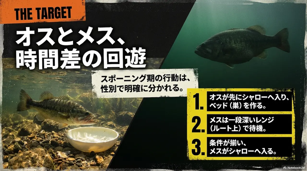 ブラックバスのオスとメスの行動差｜スポーニングの時間差回遊