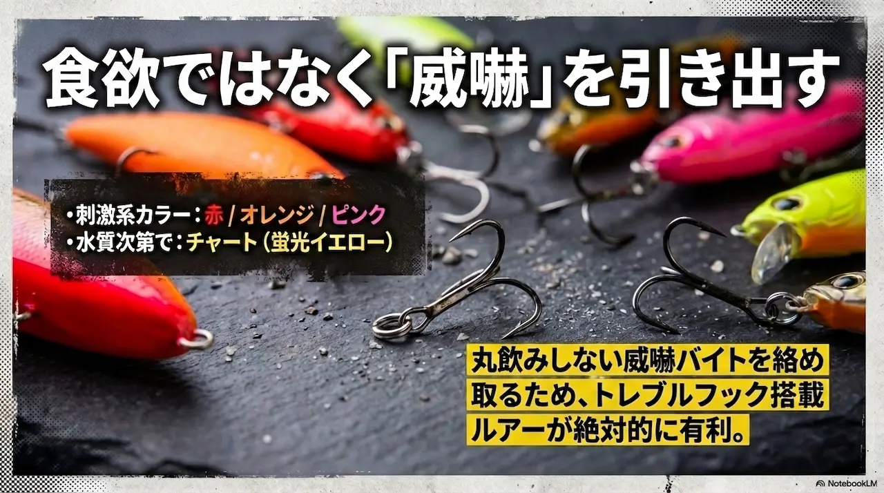 威嚇バイトを誘うルアーカラー｜赤・オレンジ・チャートの刺激色