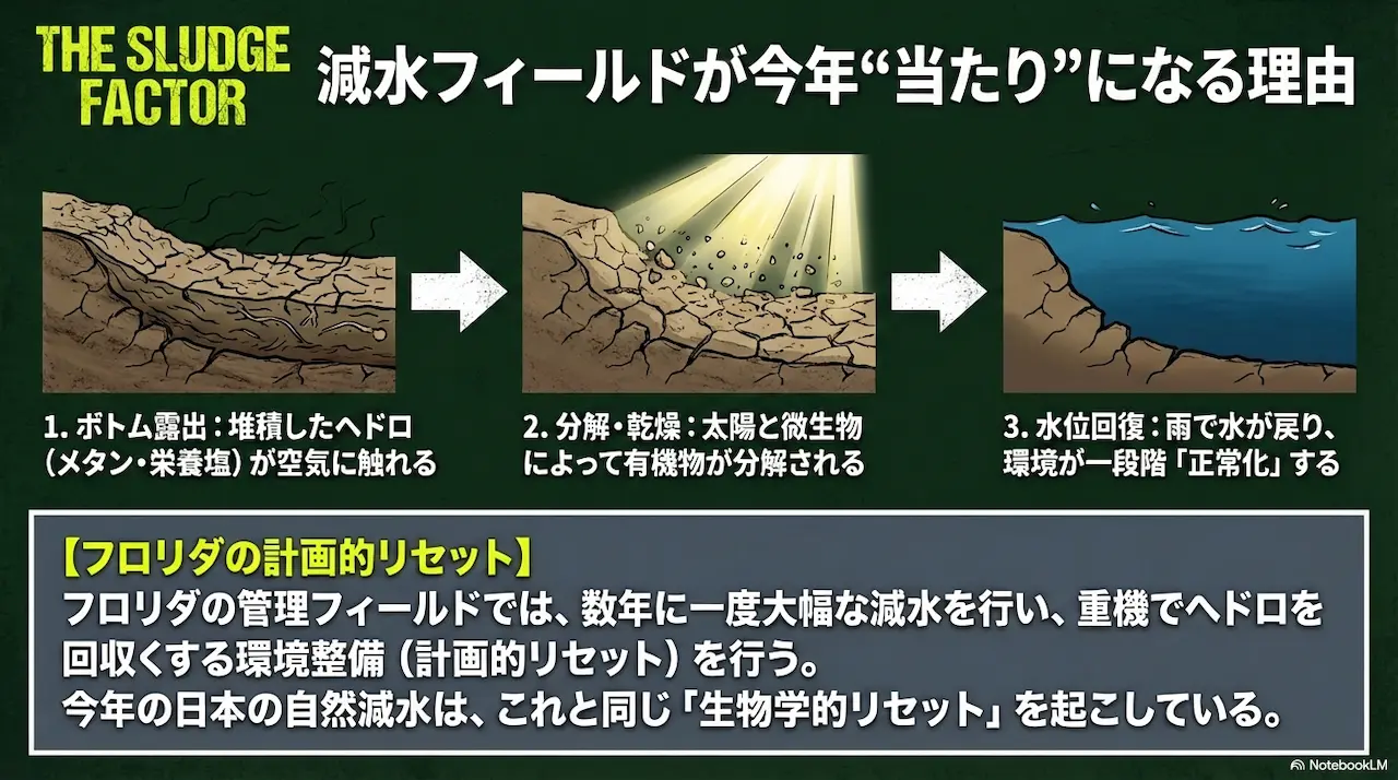 減水フィールドが当たりになる理由。ボトム露出→分解・乾燥→雨で水位回復し環境が正常化する流れ（ヘドロ・栄養塩のリセット）