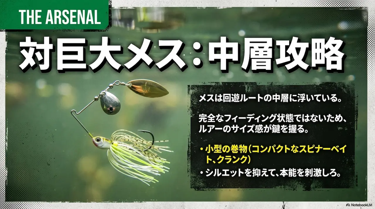 プリスポーン後期の中層攻略｜小型スピナーベイトでメスバスを狙う