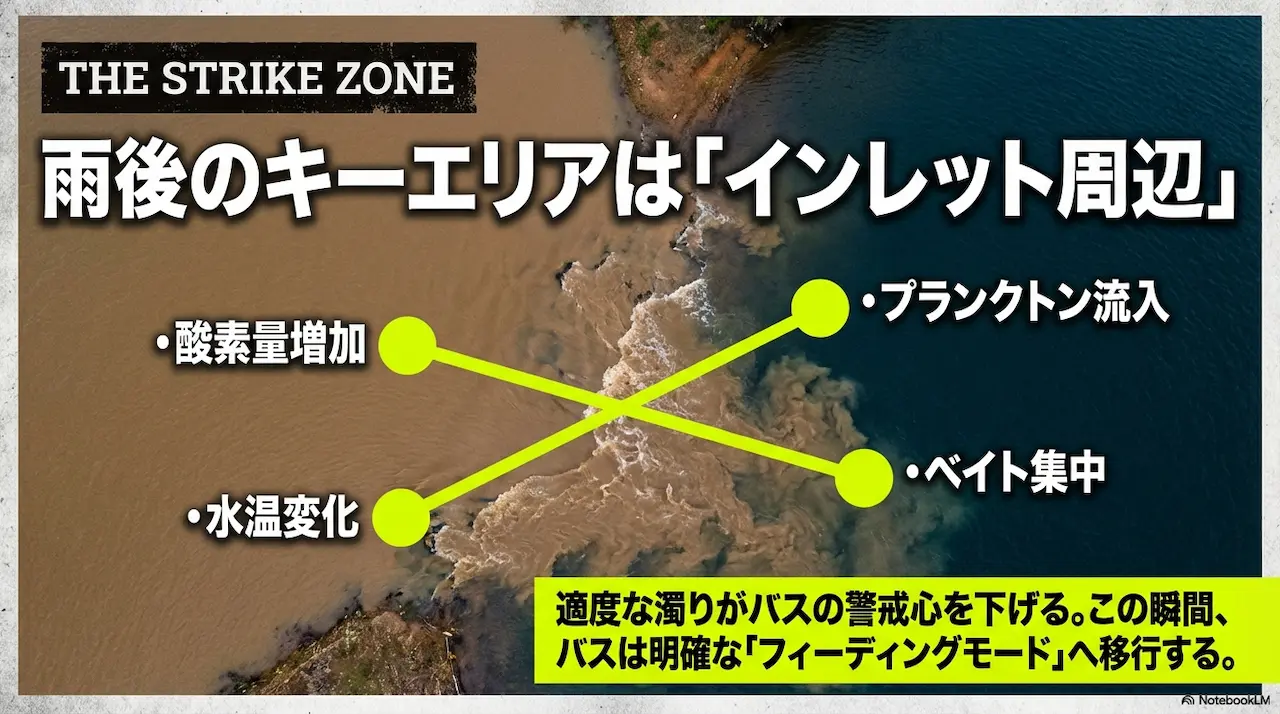 雨後のキーエリアはインレット周辺。酸素増加・プランクトン流入・ベイト集中・適度な濁りでフィーディングに入りやすい