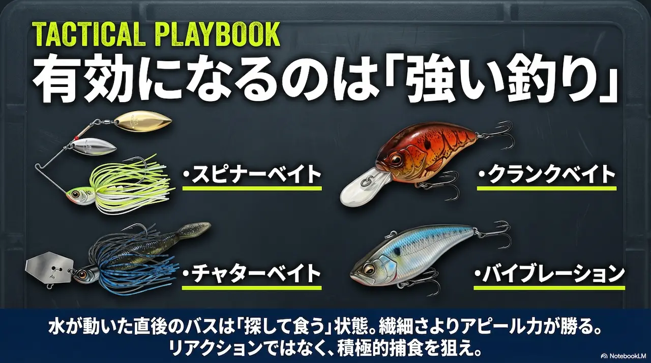 雨で水が動いた直後は強い釣りが有効。スピナーベイト・クランクベイト・チャターベイト・バイブレーションで探して食わせる