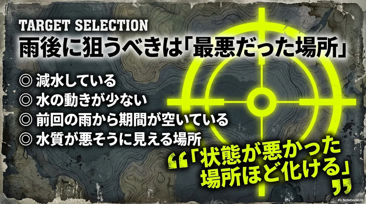 雨後に狙うべきは状態が悪かった場所。減水・水の動きが少ない・前回の雨から期間が空いた・水質が悪いフィールドほど改善幅が大きい