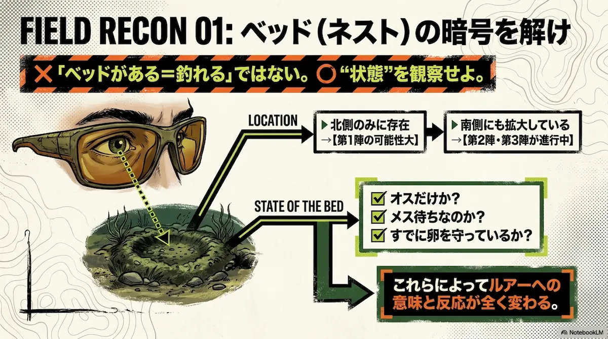 ブラックバスのスポーニングベッドやネストの状態を読む方法を解説した画像