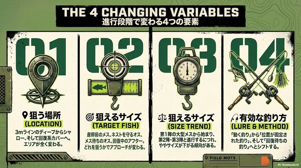 スポーニング進行によって狙う場所や魚やルアーが変わることを解説した画像