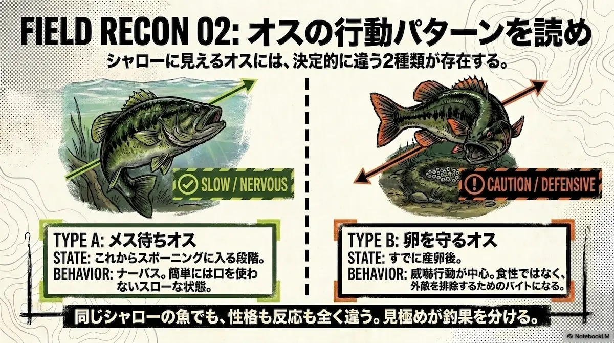 メス待ちオスと卵を守るオスの違いを解説した画像