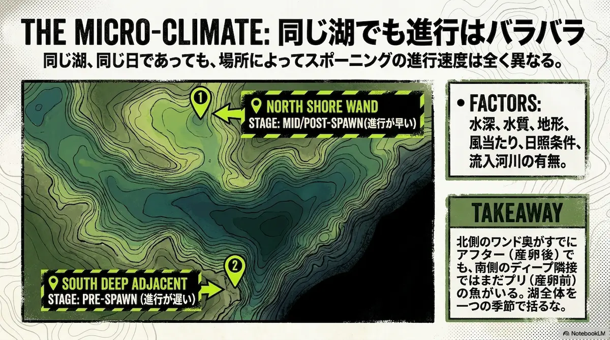 同じ湖でも場所によってスポーニング進行が違うことを説明した画像
