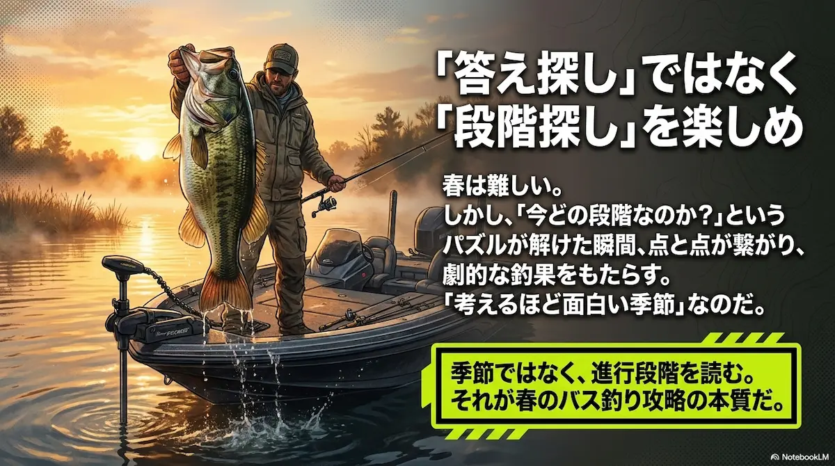 春のバス釣りは答え探しではなく段階探しだと伝える画像